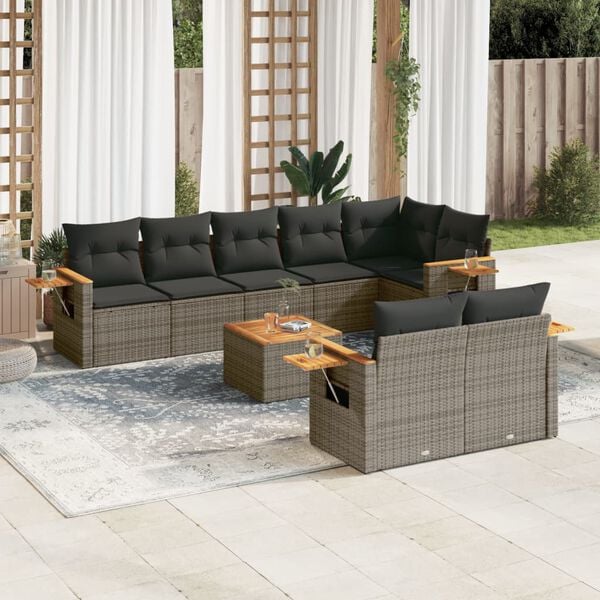 vidaXL 9-delige Loungeset met kussens poly rattan grijs
