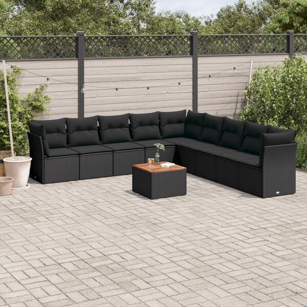 vidaXL 10-delige Loungeset met kussens poly rattan zwart