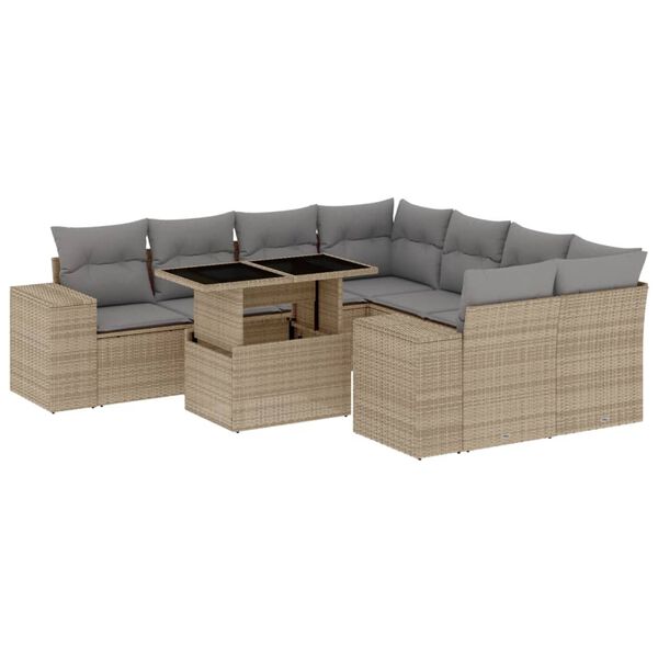 vidaXL 9-delige Loungeset met kussens poly rattan beige
