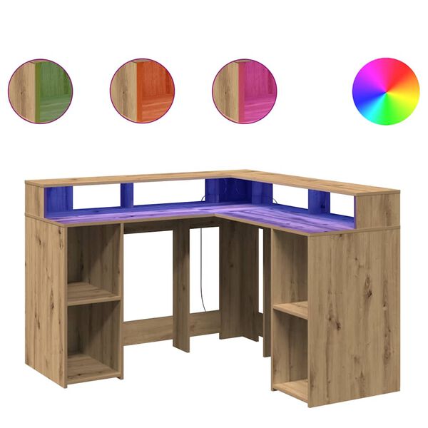 vidaXL Bureau met LED-verlichting 130x130x91 cm hout artisanaal eiken