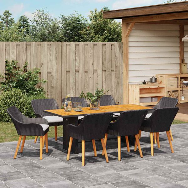 vidaXL Tuin eettafelset met kussen 9 pcs Zwart poly rattan