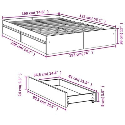 vidaXL Bedframe met lades bewerkt hout bruin eikenkleurig 135x190 cm