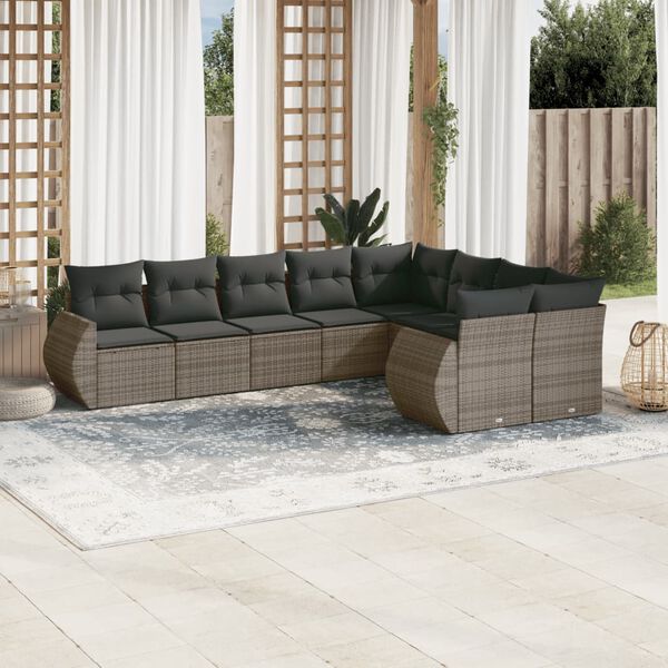 vidaXL 9-delige Loungeset met kussens poly rattan grijs