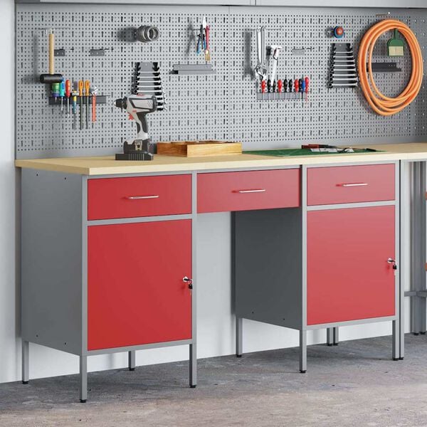 vidaXL Werk Cabinet met lade met opslag 3 pcs Rood 150 x 55 x 85 cm
