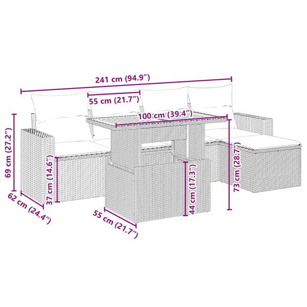 vidaXL 6-delige Loungeset met kussens poly rattan beige