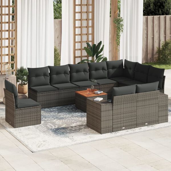 vidaXL 11-delige Loungeset met kussens poly rattan grijs