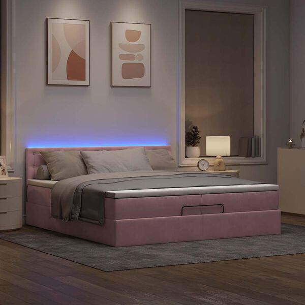 vidaXL Ottoman bed met matrassen en LED's 200x200cm fluweel roze