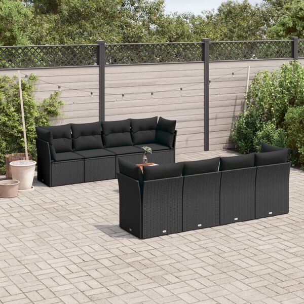 vidaXL 9-delige Loungeset met kussens poly rattan zwart