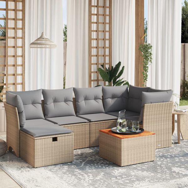 vidaXL 7-delige Loungeset met kussens poly rattan gemengd beige