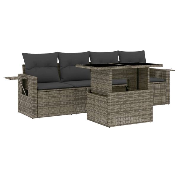 vidaXL 5-delige Loungeset met kussens poly rattan grijs