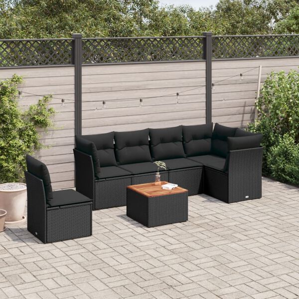 vidaXL 7-delige Loungeset met kussens poly rattan zwart