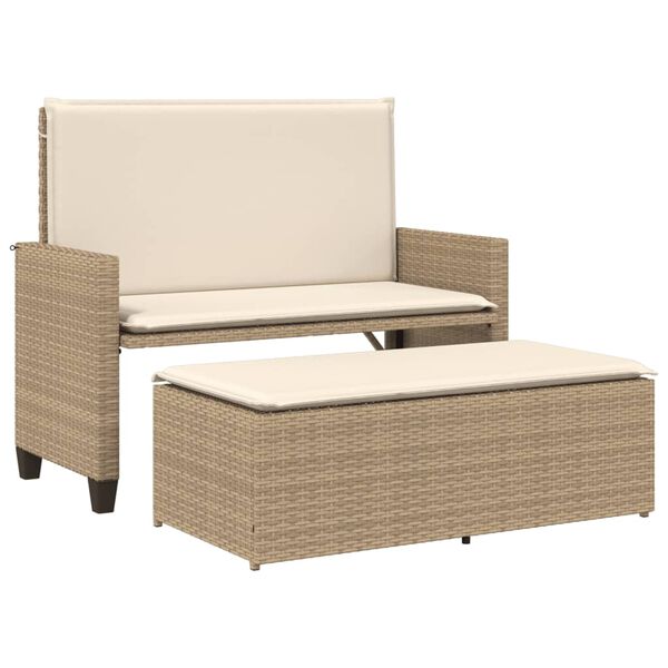 vidaXL Tuinbank met kussens en voetenbank poly rattan beige