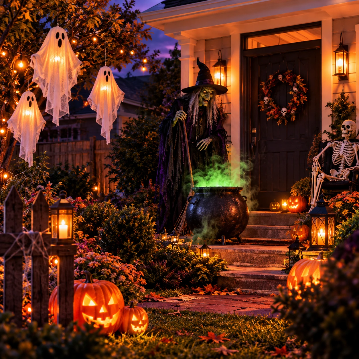 Halloweenveranda met een heks, geesten en lichtgevende pompoenen
