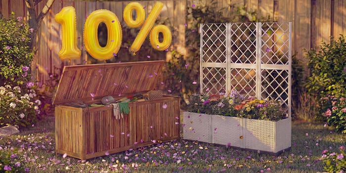 Tuinopbergbox met gereedschap en een plantenbak met trellis en bloemen in een achtertuin, omringd door roze confetti en gouden ballonnen met “10% korting”, die een seizoensuitverkoop van tuinopslag en plantenbakken benadrukken.