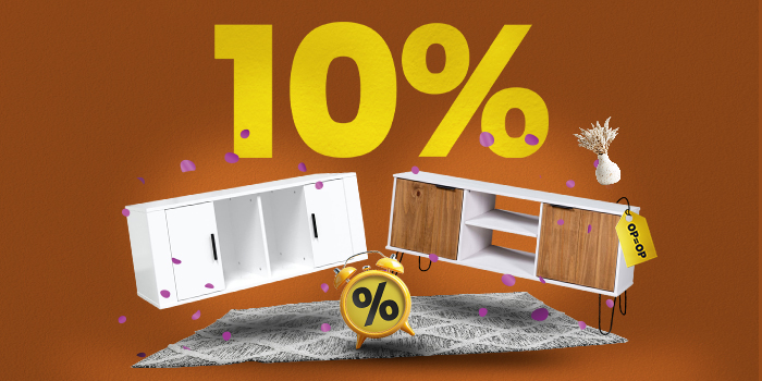 Banner met twee TV-meubels met label Op=Op, vloerkleed en wekker met grote gele tekst “10%”.