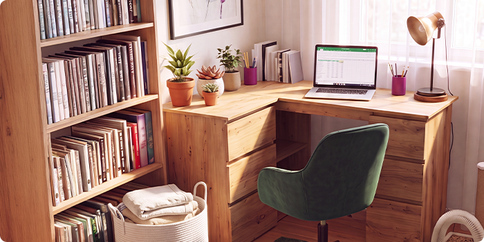 Thuiskantoor met een houten hoekbureau, ergonomische groene bureaustoel, laptop, boekenkast, bureaulamp en kamerplanten. Zo creëer je een comfortabele en productieve werkplek om thuis te werken.