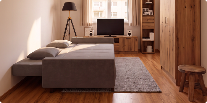 Grijze slaapbank, getoond als bank en als volledig uitgeklapt bed in een modern appartementinterieur.