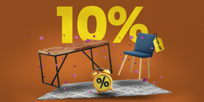 Banner met een tafel, een stoel met label Op=Op, vloerkleed en wekker met grote gele tekst “10%”