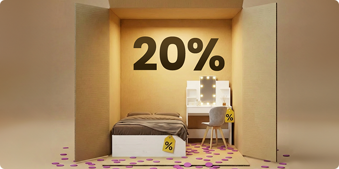 Moderne slaapkamermeubels met een wit bed en beige kaptafel in een boxopstelling, met 20% korting op slaapkamerbenodigdheden.