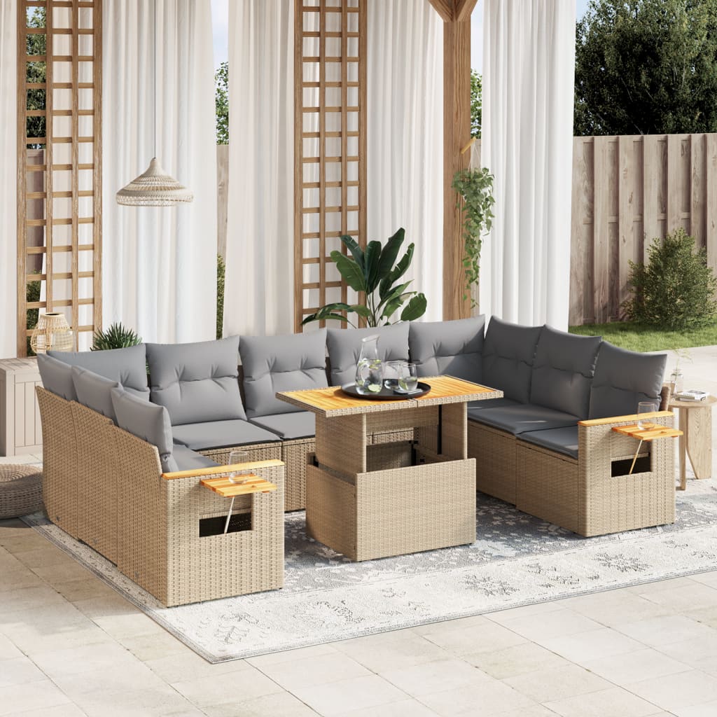 vidaXL 10-delige Loungeset met kussens poly rattan beige