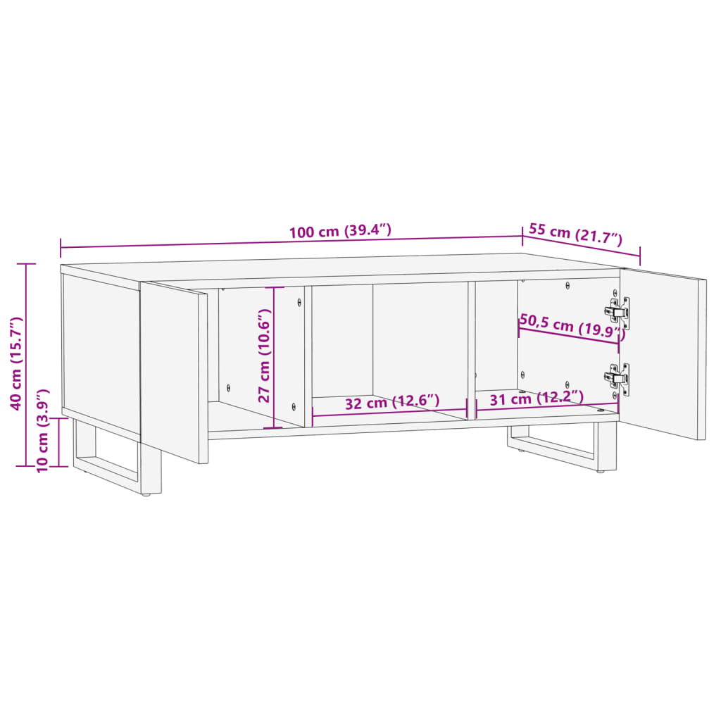 vidaXL Salontafel 100x55x40 cm massief mangohout bruin