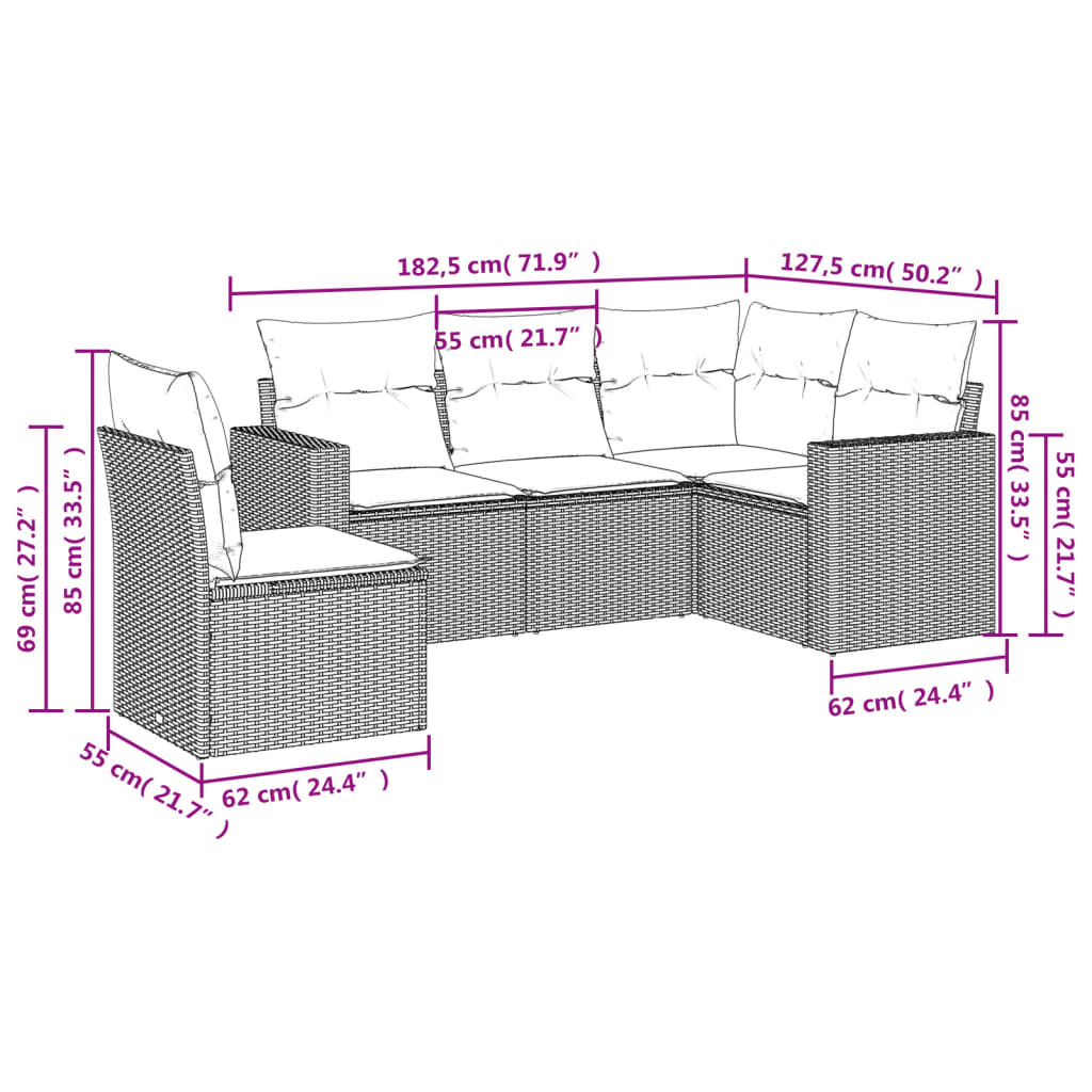 vidaXL 5-delige Loungeset met kussens poly rattan zwart