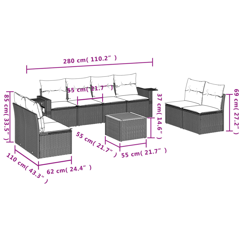 vidaXL 9-delige Loungeset met kussens poly rattan gemengd beige