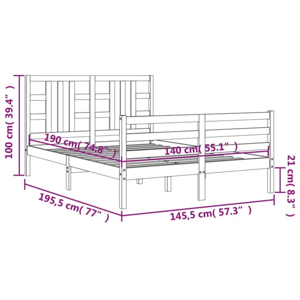 vidaXL Bedframe met hoofdbord massief hout grijs 140x190 cm