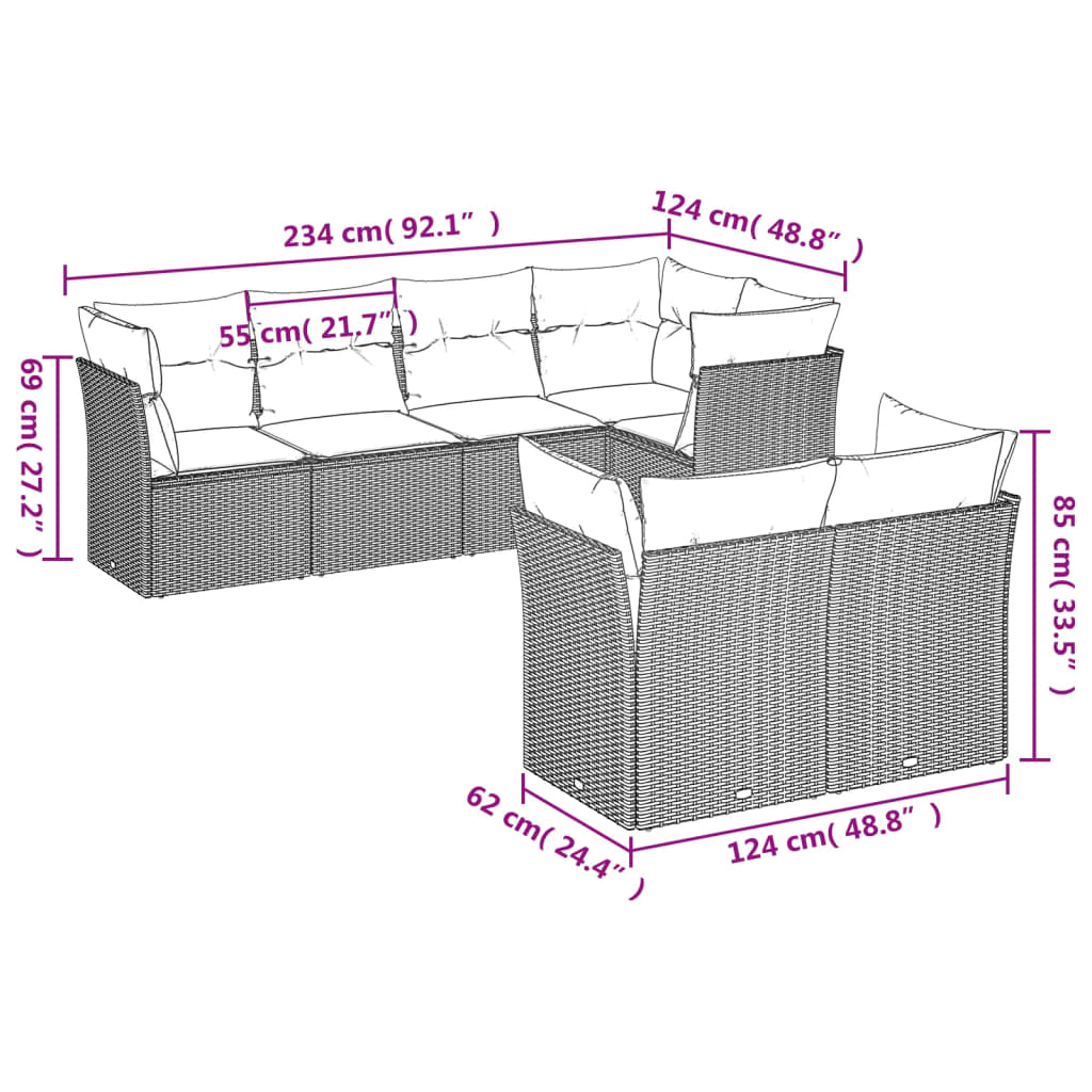 vidaXL 7-delige Loungeset met kussens poly rattan zwart