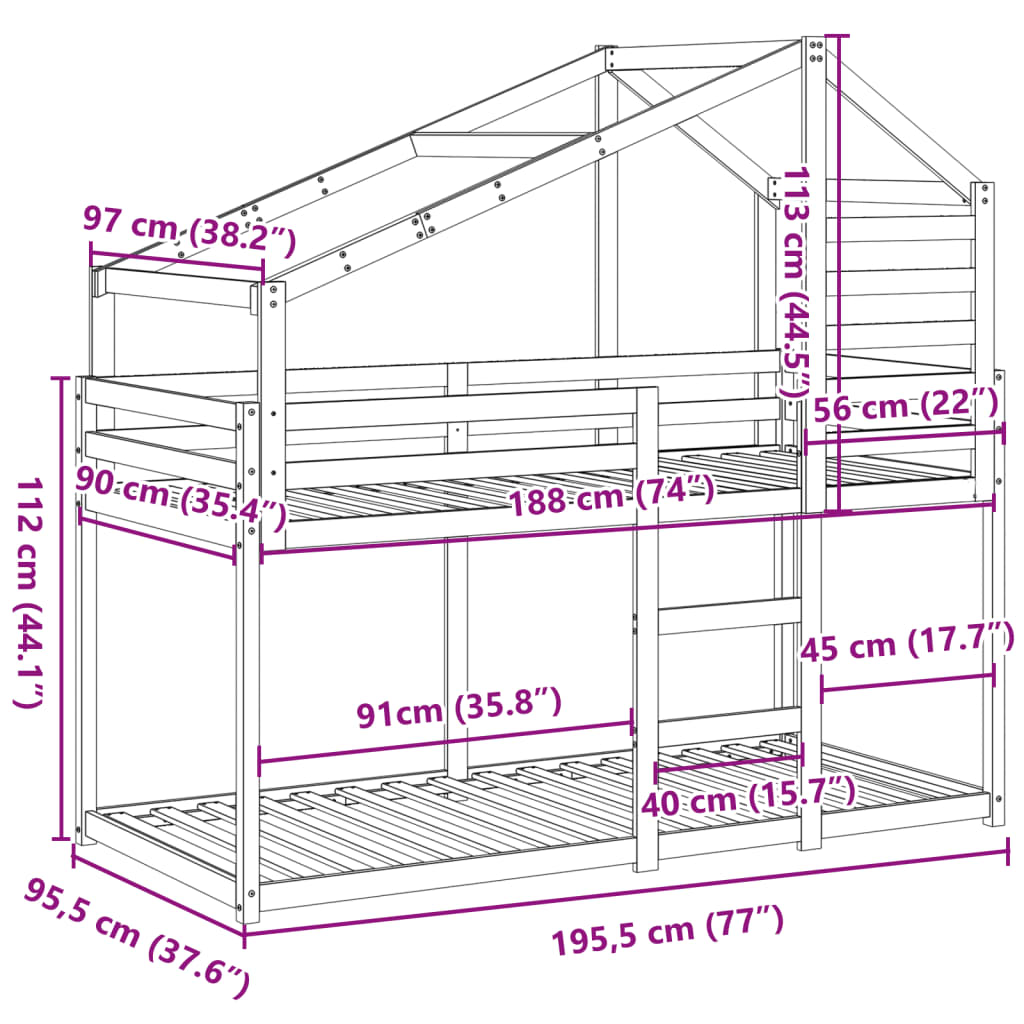 vidaXL Stapelbed met dak massief grenenhout wit 90x190 cm