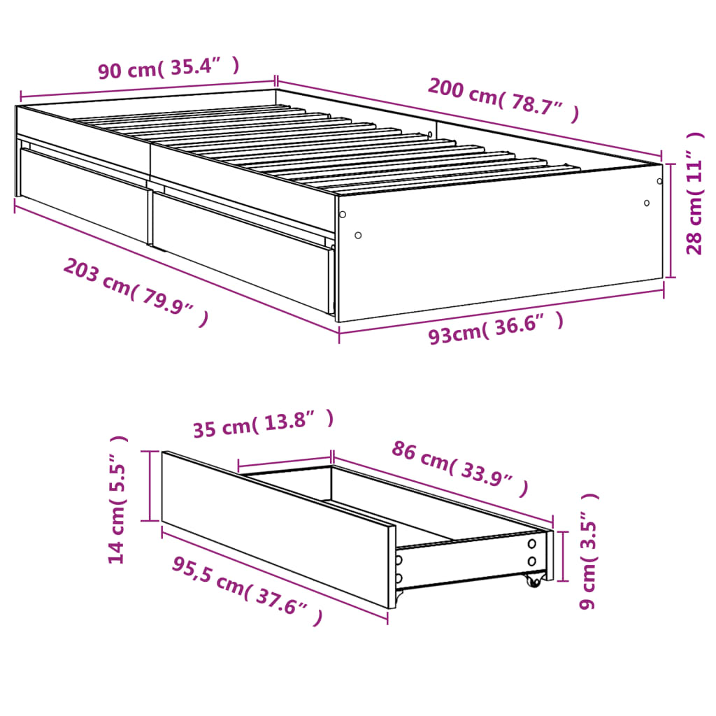 vidaXL Bedframe met lades bewerkt hout sonoma eikenkleurig 90x200 cm