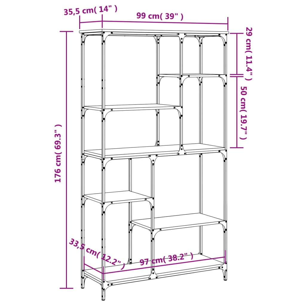 vidaXL Boekenrek 99x35,5x176 cm bewerkt hout en staal gerookt eiken