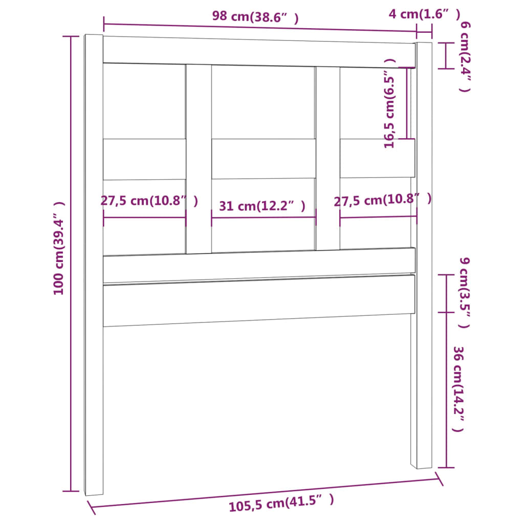 vidaXL Hoofdbord 105,5x4x100 cm massief grenenhout zwart