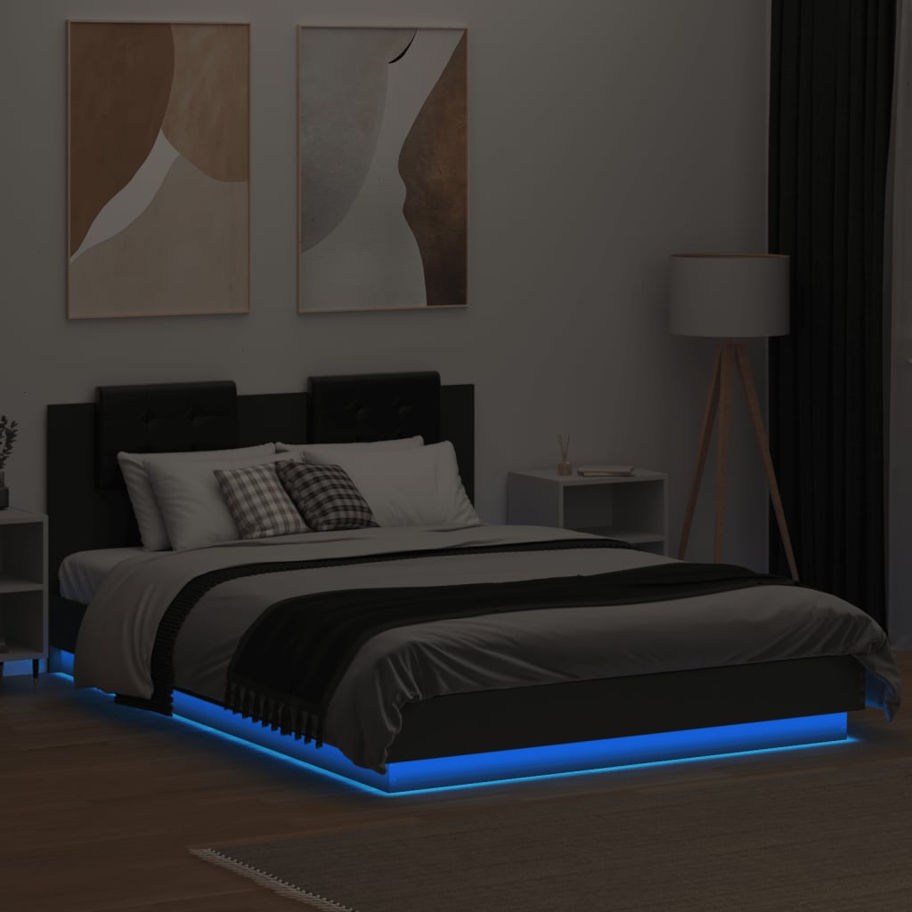 vidaXL Bedframe met hoofdbord en LED-verlichting zwart 140x200 cm