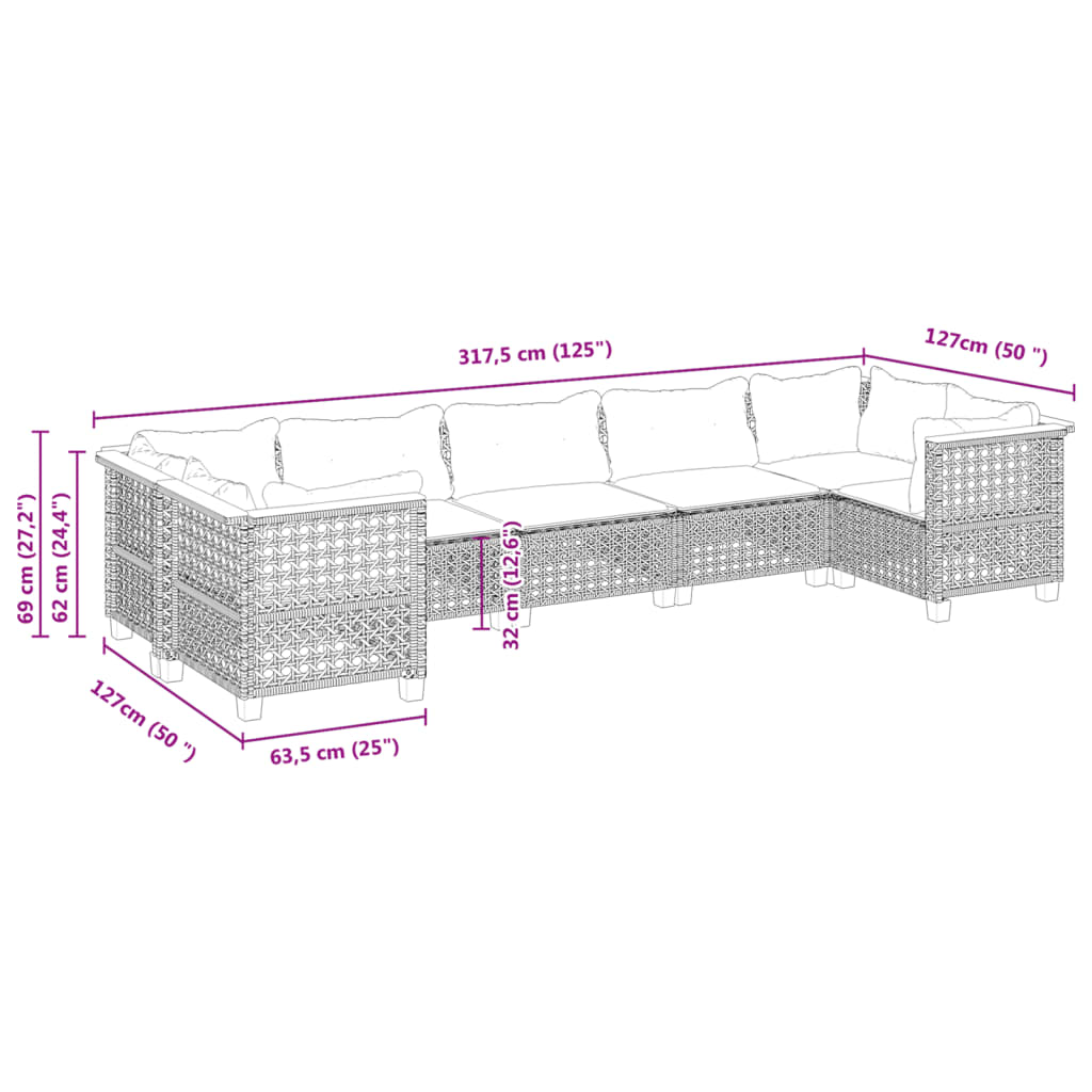 vidaXL 7-delige Loungeset met kussens poly rattan zwart