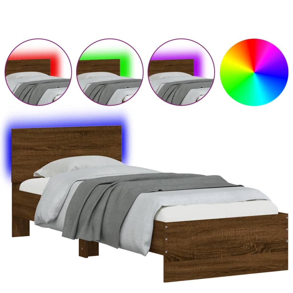 vidaXL Bedframe met hoofdbord en LED bruin eikenkleur 75x190 cm