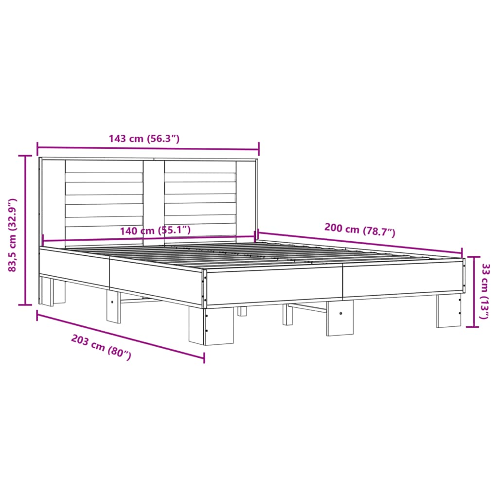 vidaXL Bedframe bewerkt hout metaal bruin eikenkleur 140x200 cm