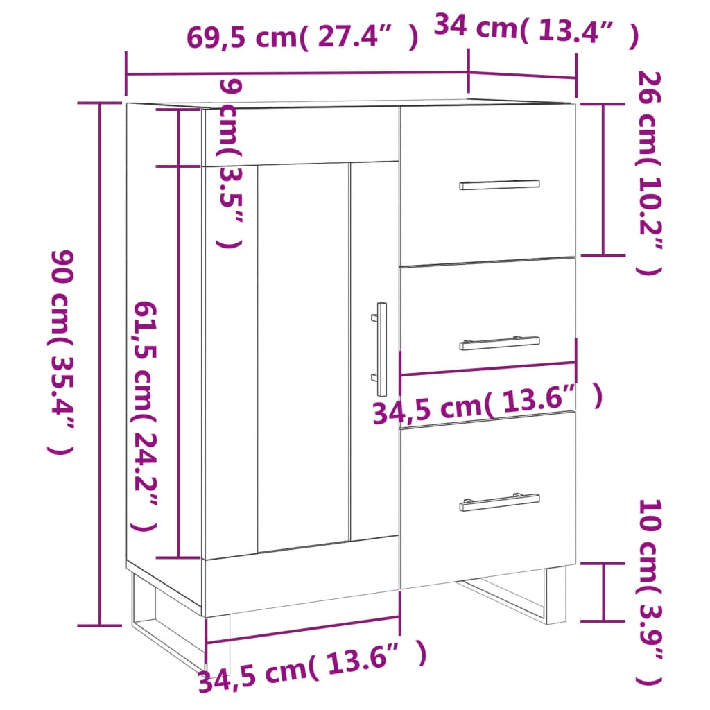 vidaXL Dressoir 69,5x34x90 cm bewerkt hout wit