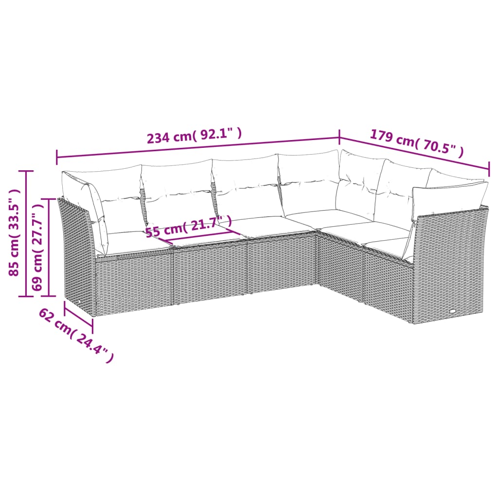 vidaXL 6-delige Loungeset met kussens poly rattan zwart