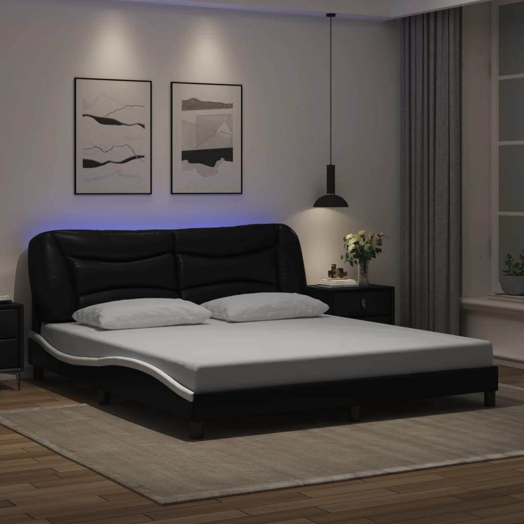 vidaXL Bedframe met LED-verlichting kunstleer zwart en wit 180x200 cm