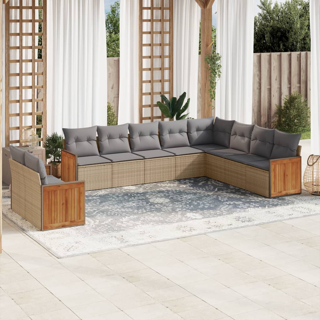 vidaXL 10-delige Loungeset met kussens poly rattan beige