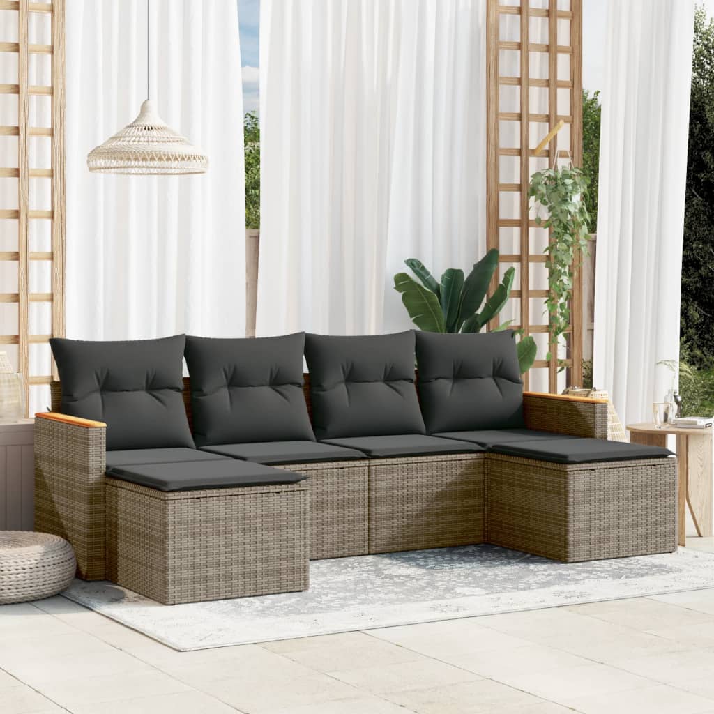 vidaXL 6-delige Loungeset met kussens poly rattan grijs