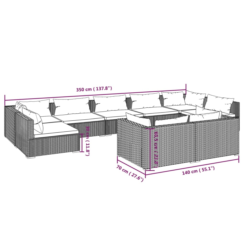 vidaXL 9-delige Loungeset met kussens poly rattan zwart