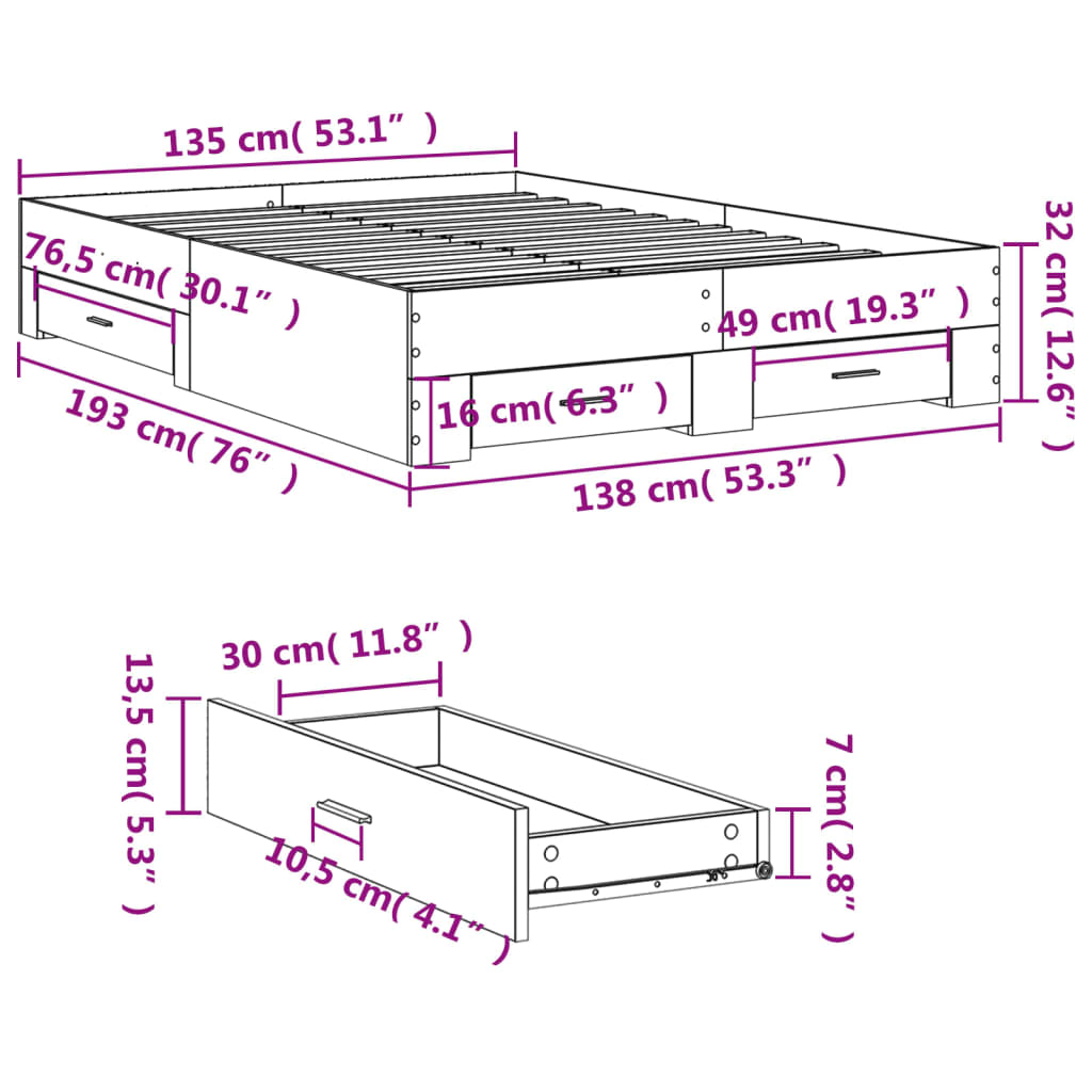 vidaXL Bedframe met lades bewerkt hout bruin eikenkleurig 135x190 cm