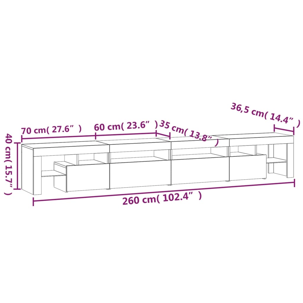 vidaXL Tv-meubel met LED-verlichting 260x36,5x40 cm zwart