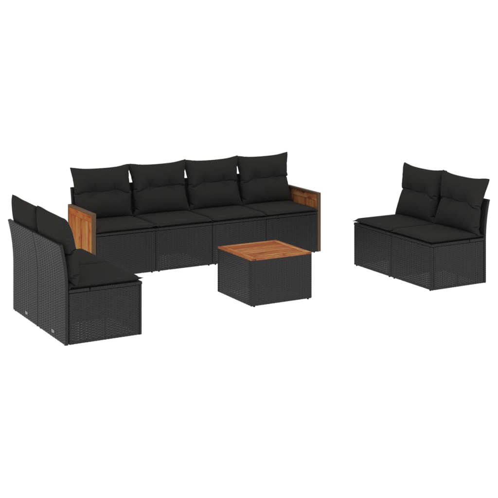 vidaXL 9-delige Loungeset met kussens poly rattan zwart