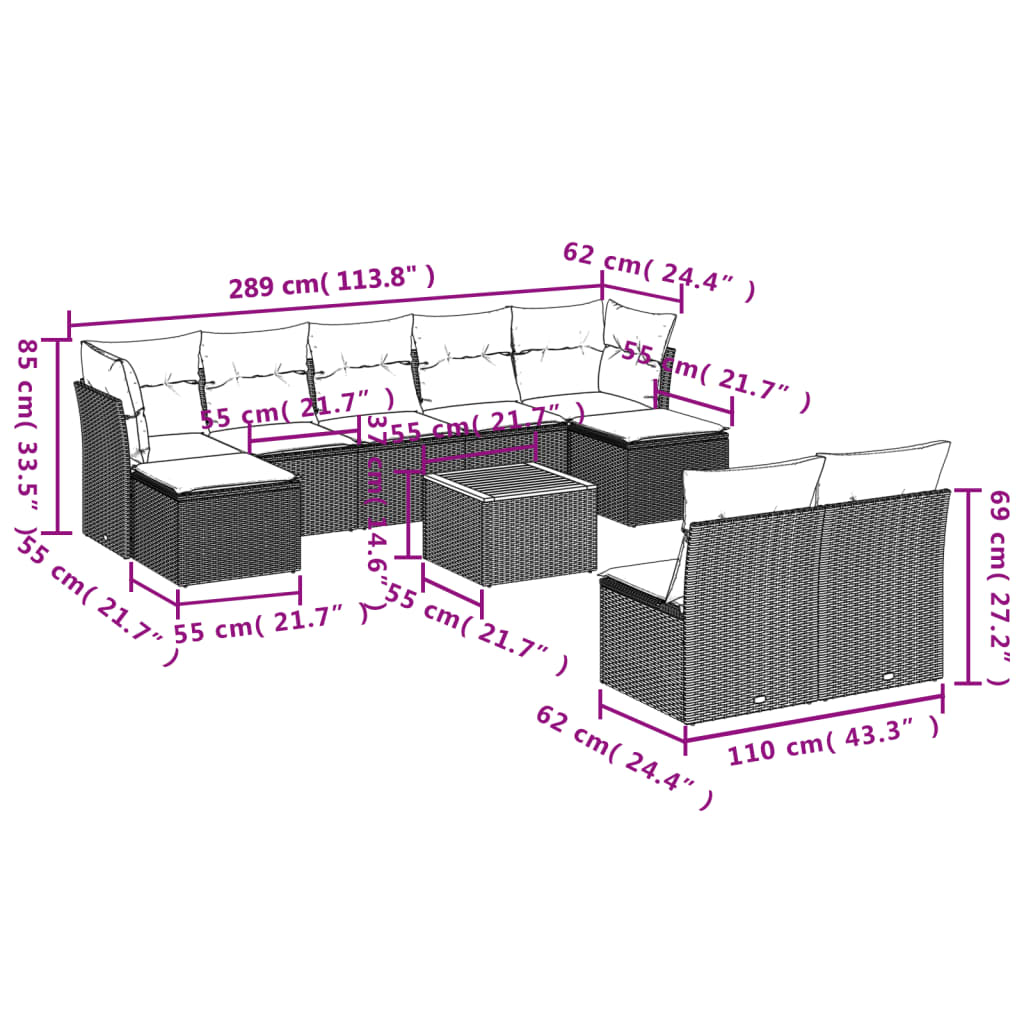 vidaXL 10-delige Loungeset met kussens poly rattan zwart