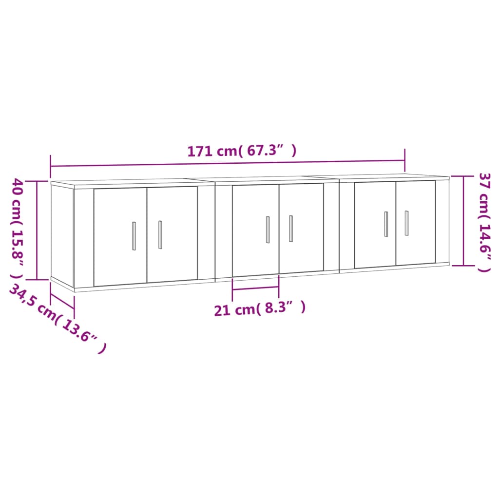 vidaXL Tv-wandmeubels 3 st 57x34,5x40 cm hoogglans wit