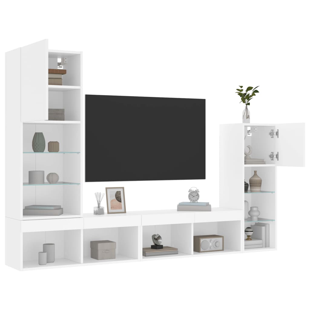 vidaXL 4-delige Tv-wandmeubelset met LED-verlichting bewerkt hout wit