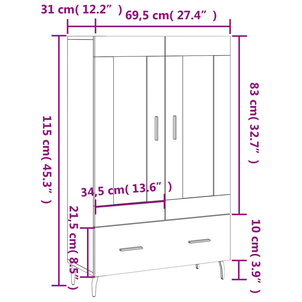 vidaXL Hoge kast 69,5x31x115 cm bewerkt hout gerookt eikenkleurig